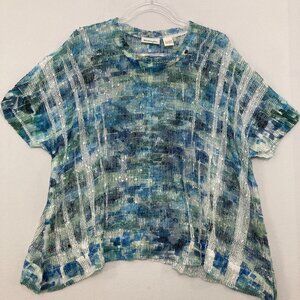 Patchington Large Blue Tie Dye Open Knit Boho Relaxed Blouse Festival Artsy